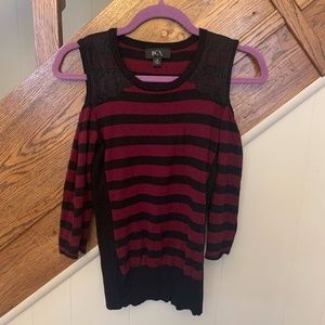 BCX Maroon/ Black Striped Cold Shoulder 3/4 Sleeve
